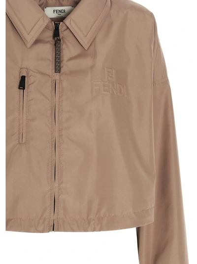 Shop Fendi Logo Embossed Cropped Jacket In Beige