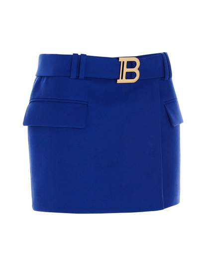 Shop Balmain Logo Plaque Mini Skirt In Blue