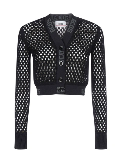 Shop Gcds Logo Tape Buttoned Mesh Cardigan In Black