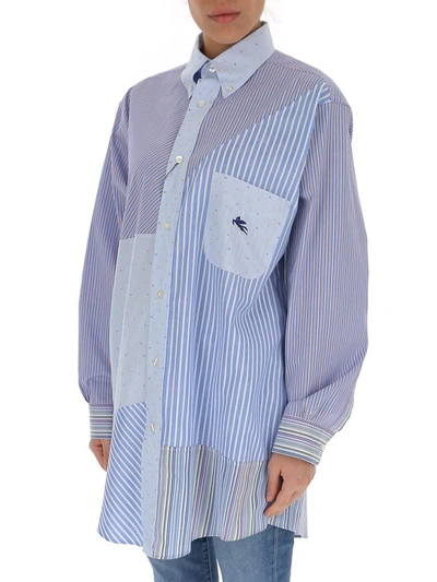Shop Etro Patchwork Logo Embroidered Shirt In Blue