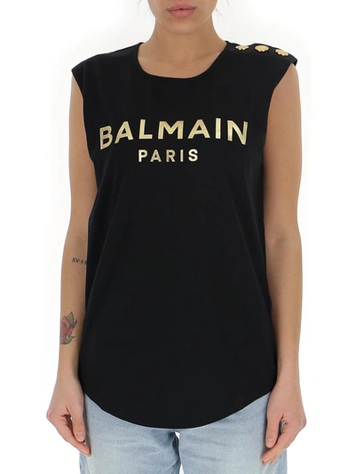 Shop Balmain Logo Printed Sleeveless Top In Black