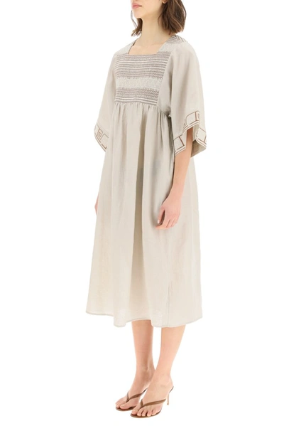 Shop Tory Burch Embroidered Midi Caftan Dress In Beige