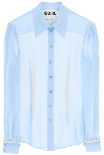 Shop Moschino Embroidered Detail Sheer Shirt In Blue