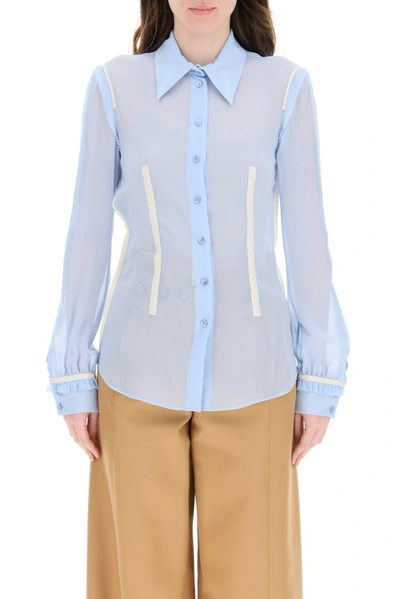 Shop Moschino Embroidered Detail Sheer Shirt In Blue