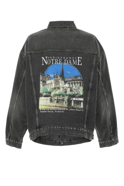Shop Balenciaga Notre Dame Oversized Denim Jacket In Grey