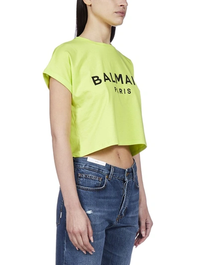 Shop Balmain Logo Printed Cropped T In Green