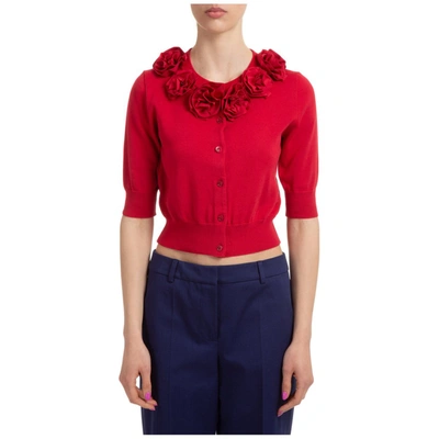 Shop Moschino Flower Embellished Cropped Cardigan In Red