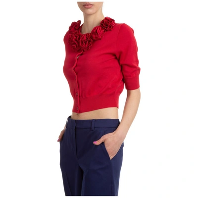 Shop Moschino Flower Embellished Cropped Cardigan In Red
