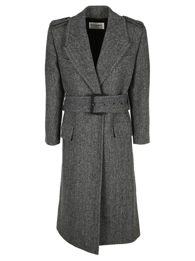 Shop Saint Laurent Belted Herringbone Coat In Grey