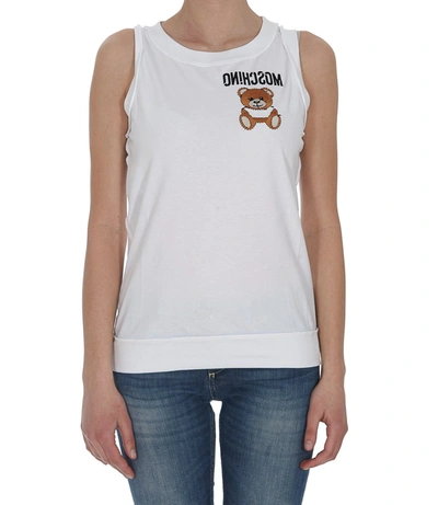 Shop Moschino Embroidered Bear Reverse Logo Tank Top In White