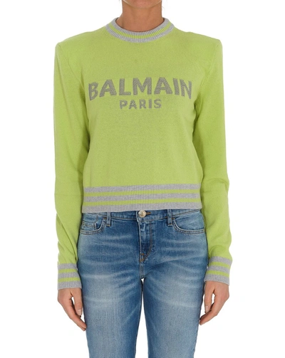 Shop Balmain Logo Knitted Sweater In Green