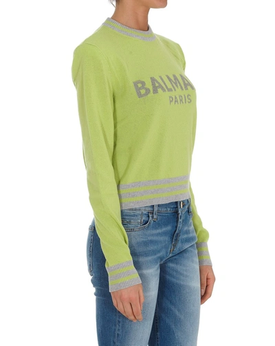 Shop Balmain Logo Knitted Sweater In Green