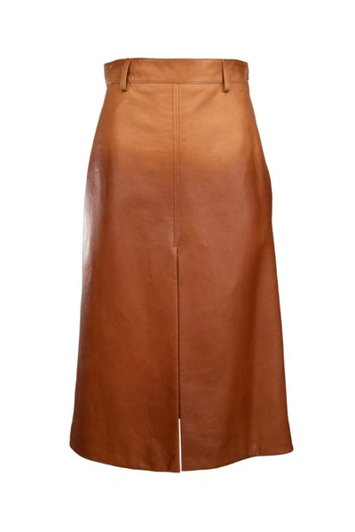 Shop Prada Leather Midi Skirt In Brown