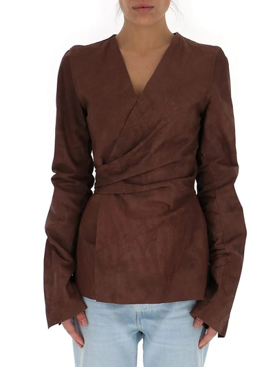 Shop Rick Owens Leather Wrap Jacket In Brown