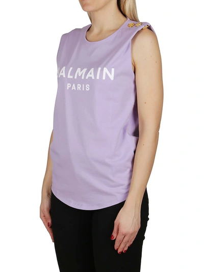 Shop Balmain Logo Print Sleeveless Top In Purple