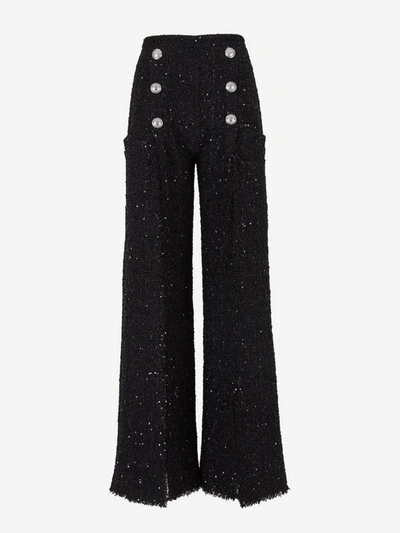 Shop Balmain High Waist Tweed Trousers In Black