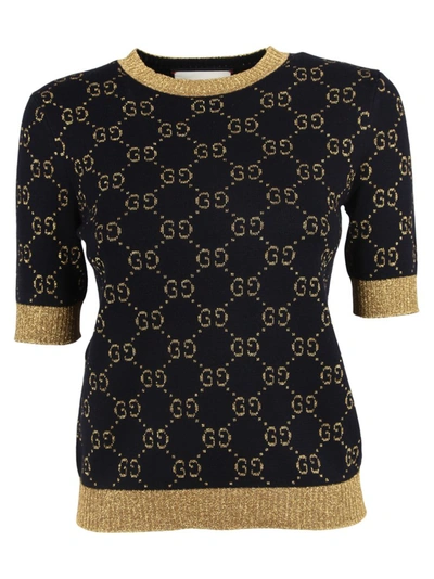 Gucci Crewneck Short-sleeve Metallic Gg Jacquard Sweater In Blue | ModeSens