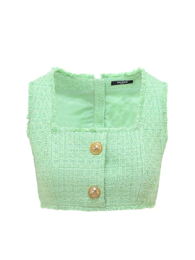 Shop Balmain Button Detail Tweed Crop Top In Green