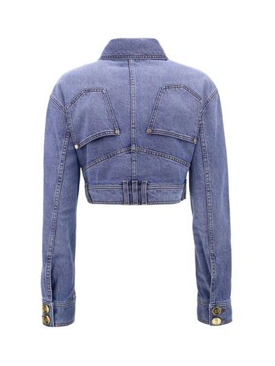 Shop Balmain Cropped Denim Jacket In Blue