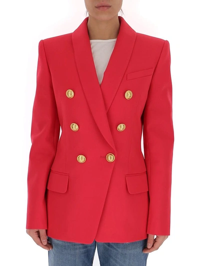 Shop Balmain Double Breasted Blazer In Red