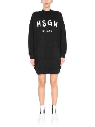 Shop Msgm Logo Print Sweatshirt Dress In Black