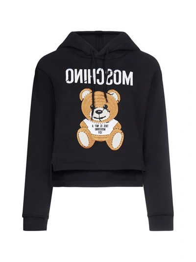 Shop Moschino Teddy Cropped Hooded Sweatshirt In Black
