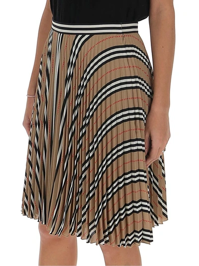 Shop Burberry Pleated Icon Stripe Midi Skirt In Multi