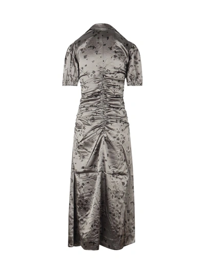 Shop Ganni Floral Printed Gathered Midi Dress In Grey