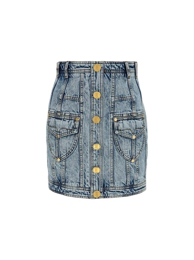 Shop Balmain High Waisted Mini Denim Skirt In Blue