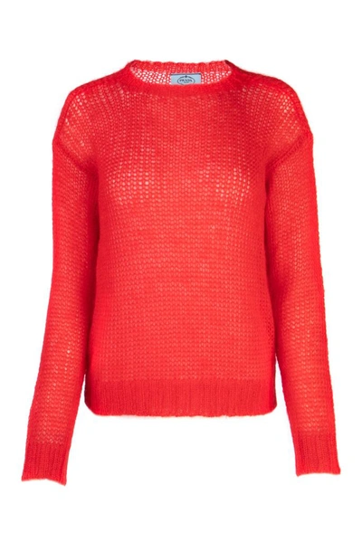 Shop Prada Loose Knit Crewneck Jumper In Red