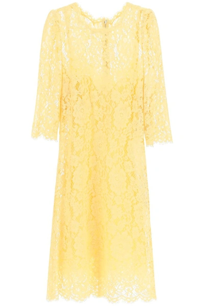 Shop Dolce & Gabbana Lace Embroidered Midi Dress In Yellow
