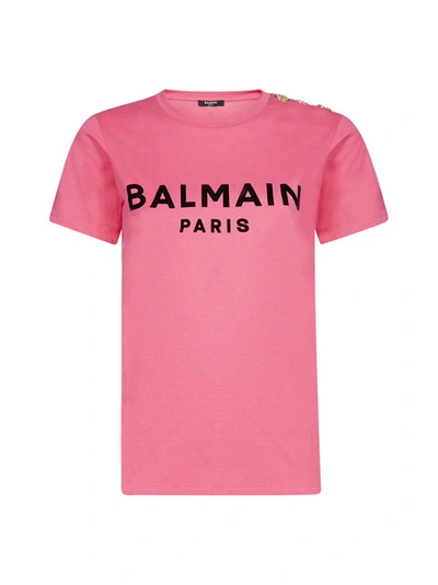 Shop Balmain Flocked Logo Button Detail T In Pink