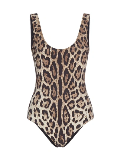 Shop Dolce & Gabbana Leopard Print Swimsuit In Brown
