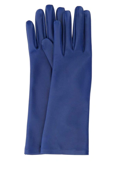Shop Saint Laurent Embossed Logo Gloves In Blue