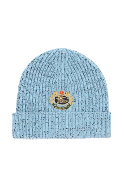 Shop Burberry Logo Crest Embroidered Knit Beanie In Blue