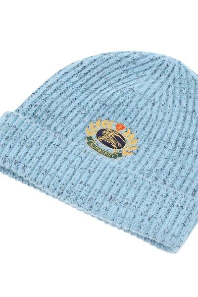 Shop Burberry Logo Crest Embroidered Knit Beanie In Blue