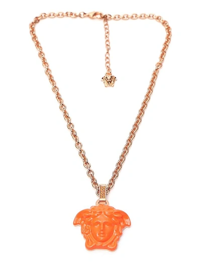 Shop Versace Medusa Pendant Necklace In Orange