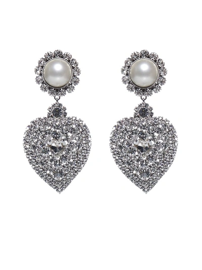 Shop Alessandra Rich Crystal Embellished Heart Drop Earrings In Silver