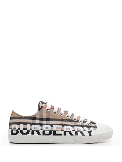 Shop Burberry Logo Checked Sneakers In Beige