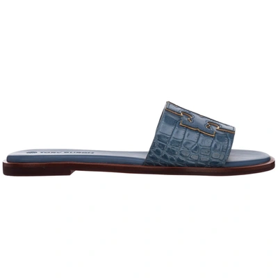 Shop Tory Burch Double T Embossed Slides In Blue