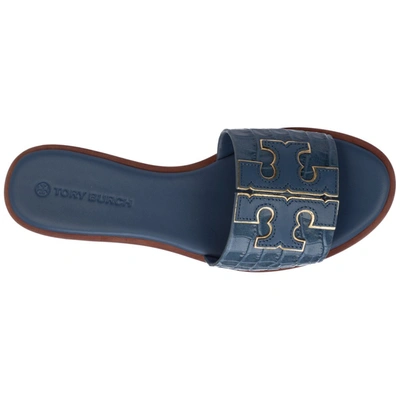 Shop Tory Burch Double T Embossed Slides In Blue
