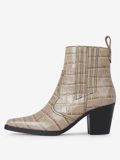 Shop Ganni Embossed Ankle Boots In Beige