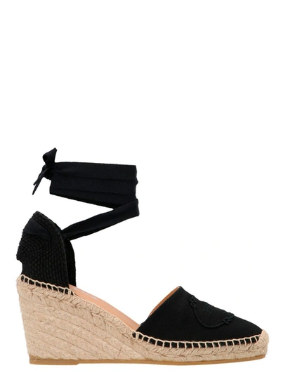 Shop Prada Logo Embroidered Wedge Espadrilles In Black