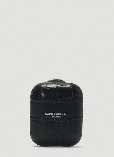 Shop Saint Laurent Embossed Logo Detailed Airpods Case In Black