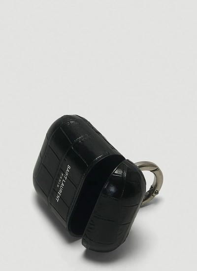 Shop Saint Laurent Embossed Logo Detailed Airpods Case In Black