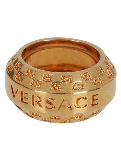 Shop Versace Tribute Logo Engraved Ring In Gold