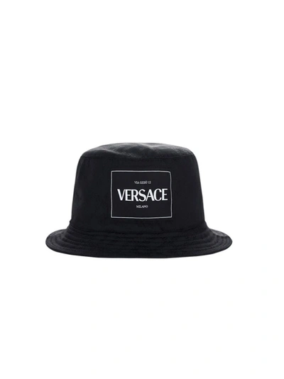 Shop Versace Logo Patch Bucket Hat In Black