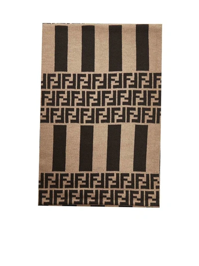 Shop Fendi Striped Ff Motif Scarf In Brown