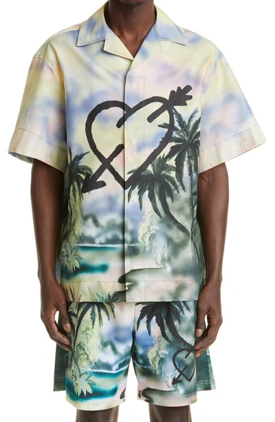 Shop Palm Angels Paradise Print Button-up Shirt In Multicolor Black