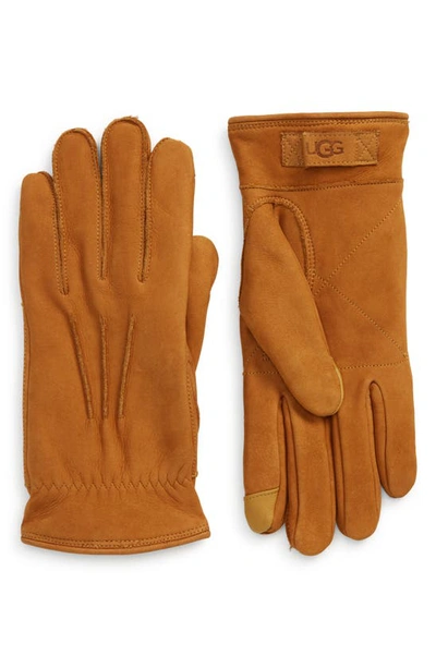 Shop Ugg Three-point Leather Tech Gloves In Chestnut